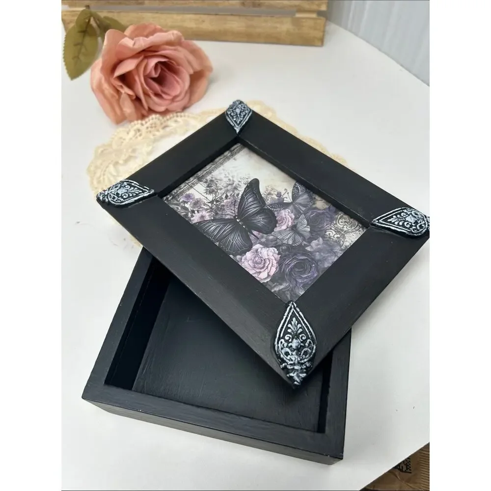 Elegant Black Decorative Butterfly Sliding Trinket Box with Silver Accents